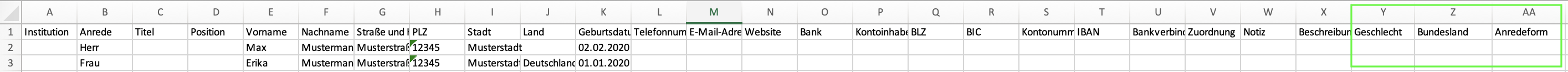 Screenshot einer exportieren Kontaktliste mit neuen Spalten Geschlecht, Bundesland und Anredeform.