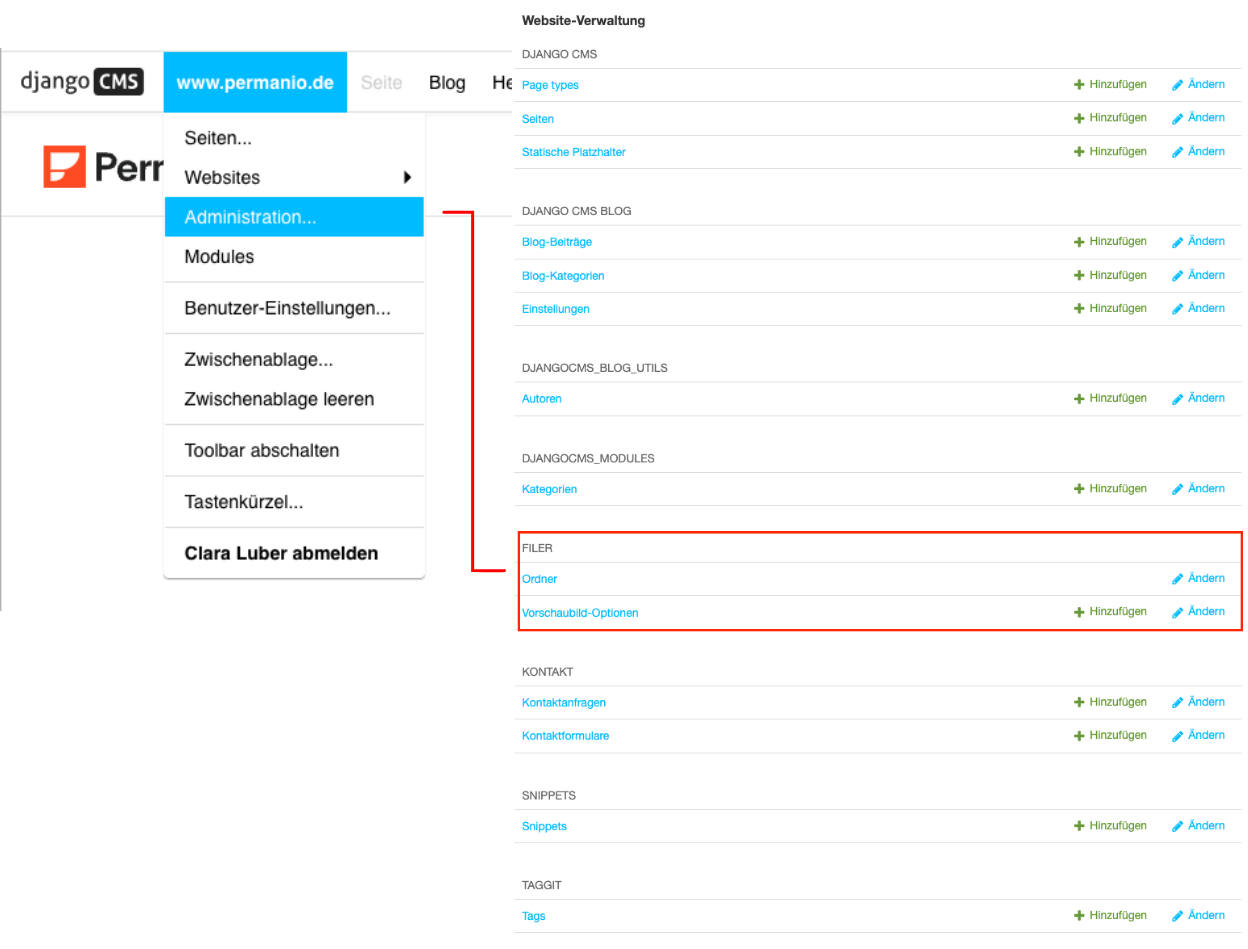Geöffnetes Administrationsmenü in Django CMS mit markierter „Administration“-Option und hervorgehobenen Filer-Einstellungen.