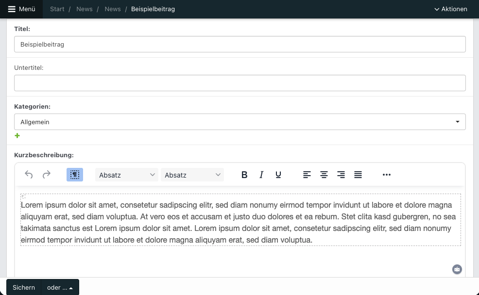 Screenshot aus der Software: geöffnete Bearbeitung eines News.