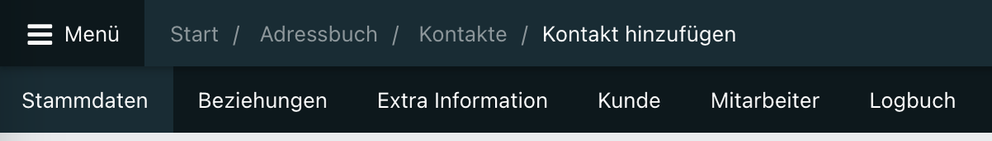 Screenshot aus der Software: die Tabs eines neuen Kontakts.