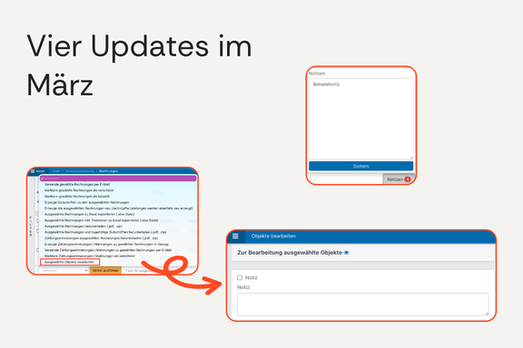 Beiger Hintergrund, darauf drei Bilder der aktuellen Software-Updates.