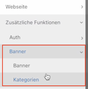 Screenshot aus der Website-Administration mit aufgeklappten Dropdown zu "Banner".