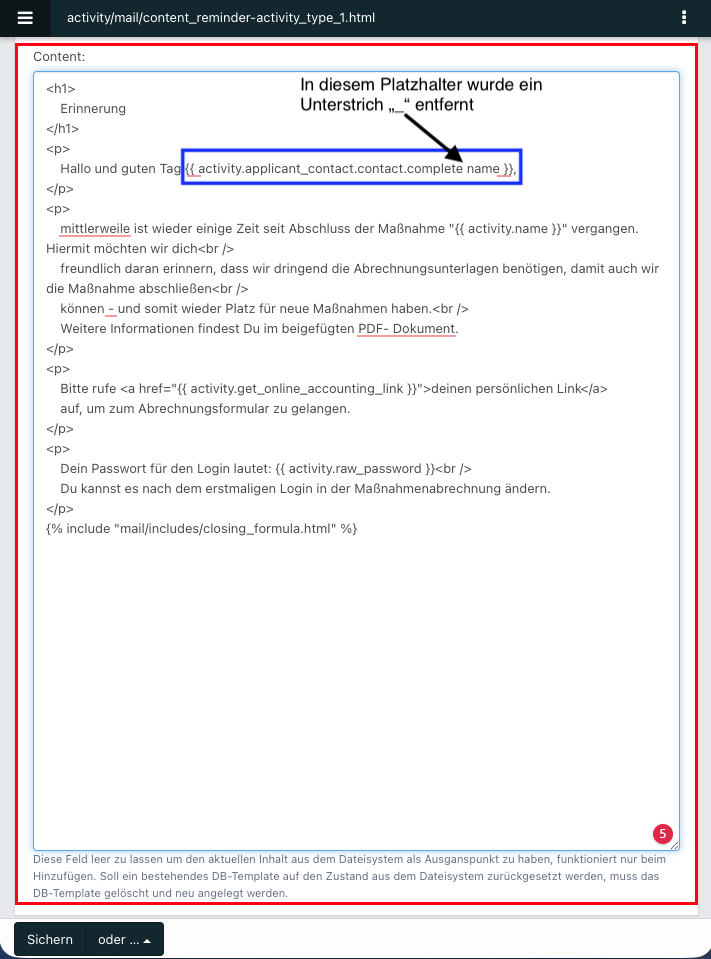 Screenshot eines geöffneten DB-Templates im Bereich Content mit fehlerhaftem Platzhalter.