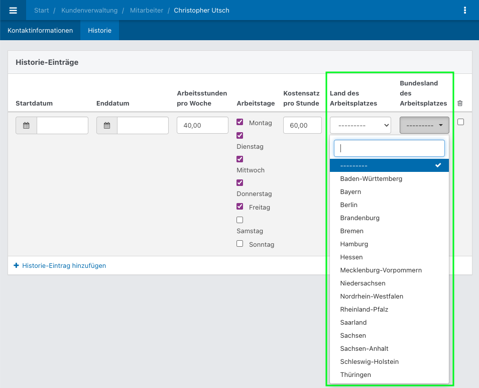 Screenshot aus der Software: geöffnete Kontaktansicht für Arbeitszeitenkonten.