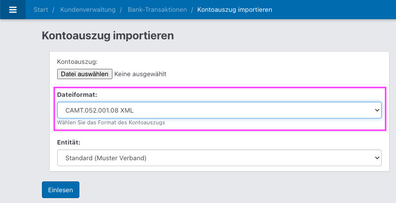 Screenshot der geöffneten Aktion für den Import eines Kontoauszugs.