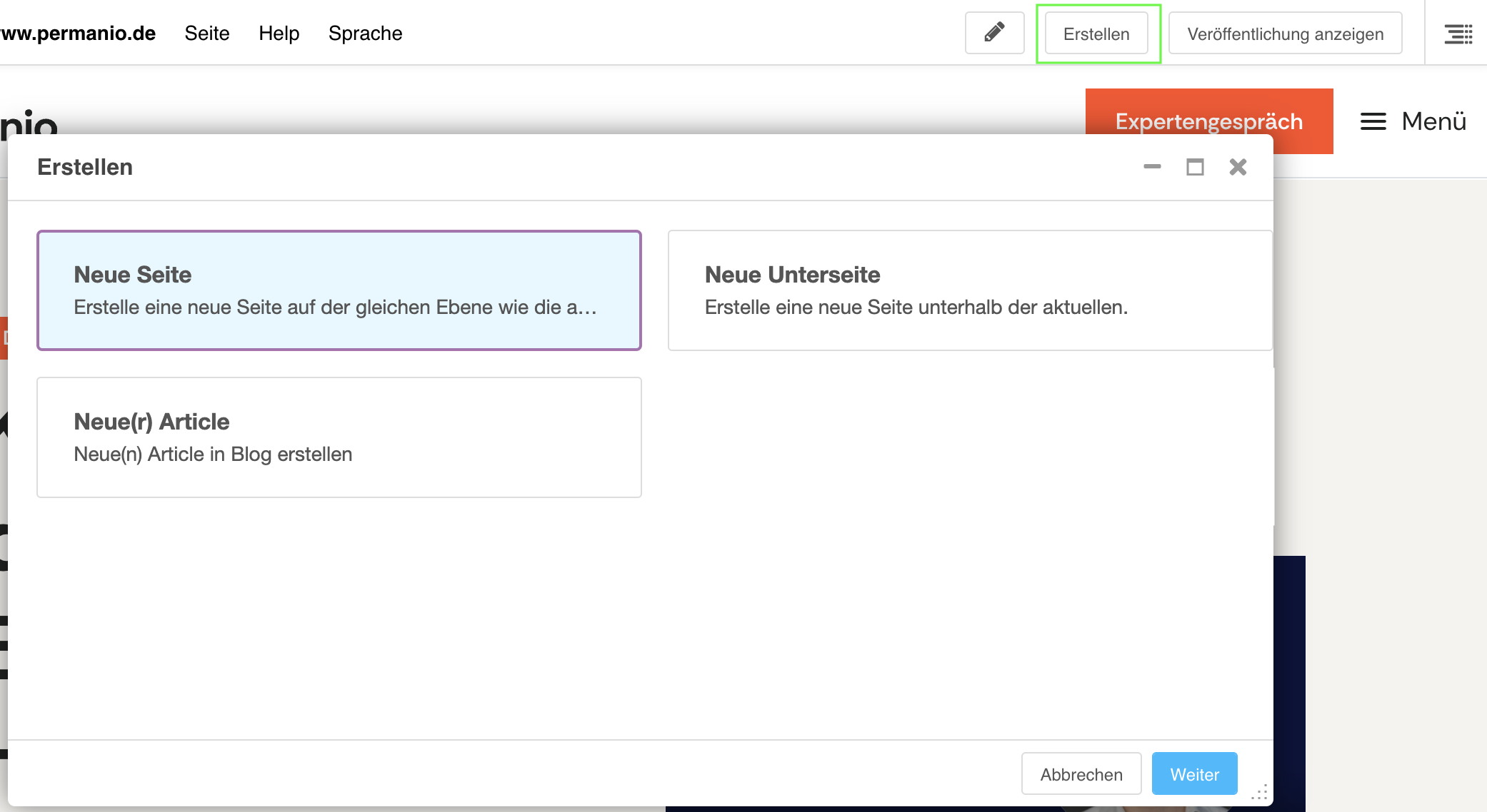 Ein Screenshot einer Benutzeroberfläche zur Seitenerstellung. Im oberen Bereich befindet sich der Button „Erstellen“, der das geöffnete Dialogfenster ausgelöst hat.