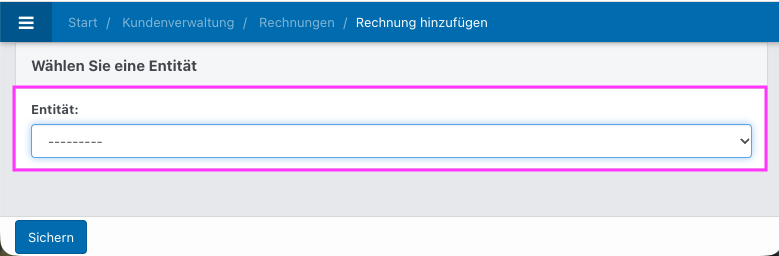 Screenshot: Neue Rechnung mit Dropdown für Entitätenn.