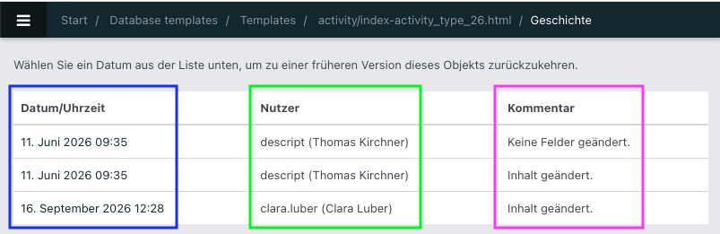Screenshot der Geschichte eines DB-Templates.