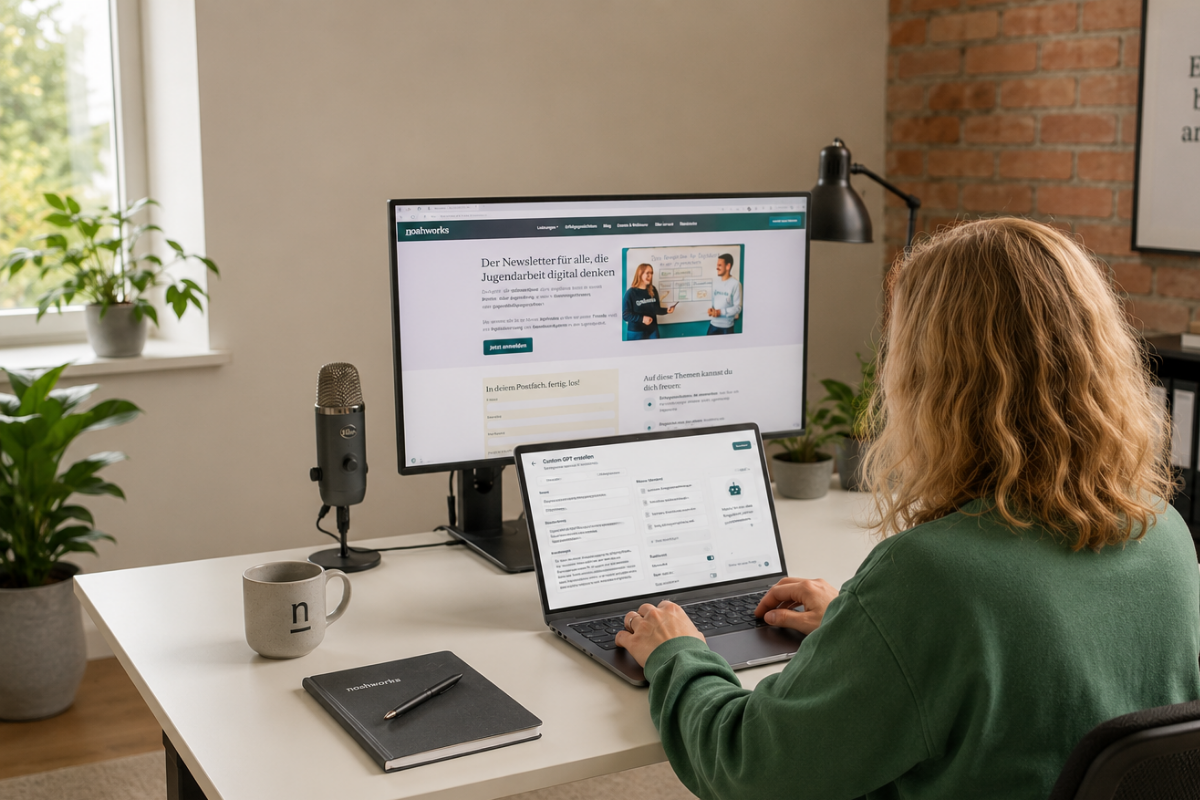 Clara sitzend vor einem Computer, darauf zu sehen die geöffnete Bearbeitungsansicht eines Custom-GPTs.