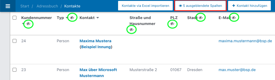 Screenshot von der Kontaktübersicht im Adressbuch.