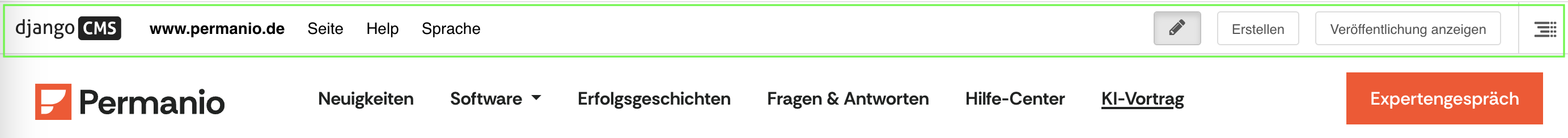 Screenshot der django-CMS Steuerleiste wie es bei Permanio aussieht