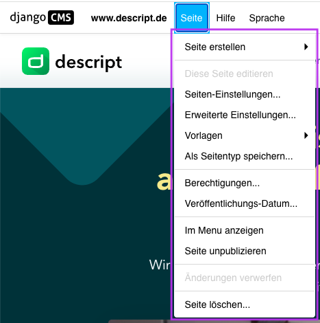 Screenshot des Dropdown-Menüs unter "Seite" in der Steuerleiste.