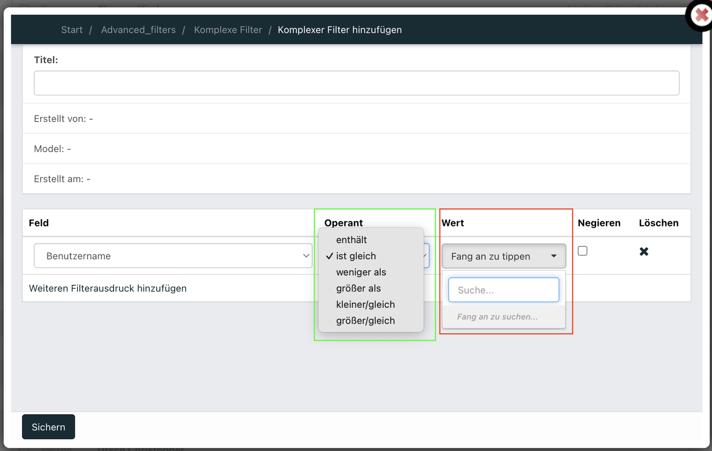 Screenshot aus der Software: geöffnete Bearbeitung eines komplexen Filters.