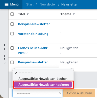 Screenshot aus der Software: geöffnete Newsletterübersicht.