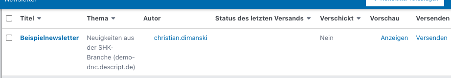Screenshot aus der Software: Kopfzeile der Newsletterübersicht.