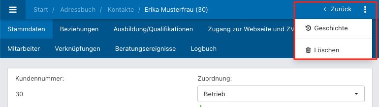 Screenshot eines geöffneten Kontakts mit ausgeklappten Aktionen.
