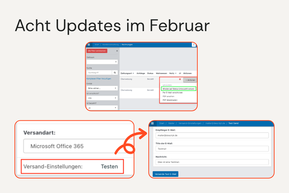 Beiger Hintergrund, darauf drei Bilder der aktuellen Software-Updates.