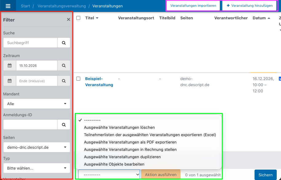Screenshot der Übersichtsseite über geplante Veranstaltungen. Mit ausgeklappten Filtern und Massenaktionen.
