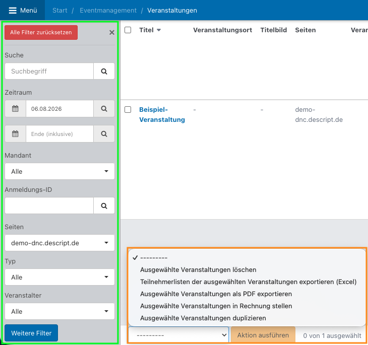Screenshot aus der Software: geöffnete Veranstaltungsübersicht mit Filtern und Massenaktionen.