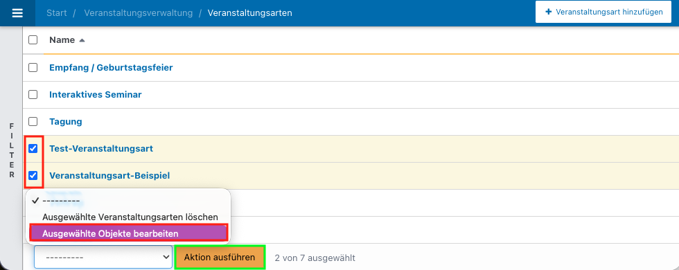 Screenshot von der Übersicht über die Veranstaltungsarten mit geöffneten Massenaktionen.