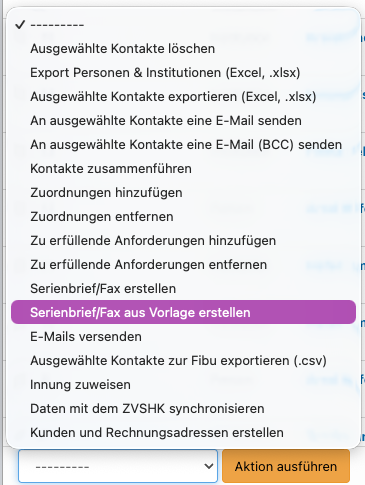 Screenshot der Aktionen im Adressbuch.